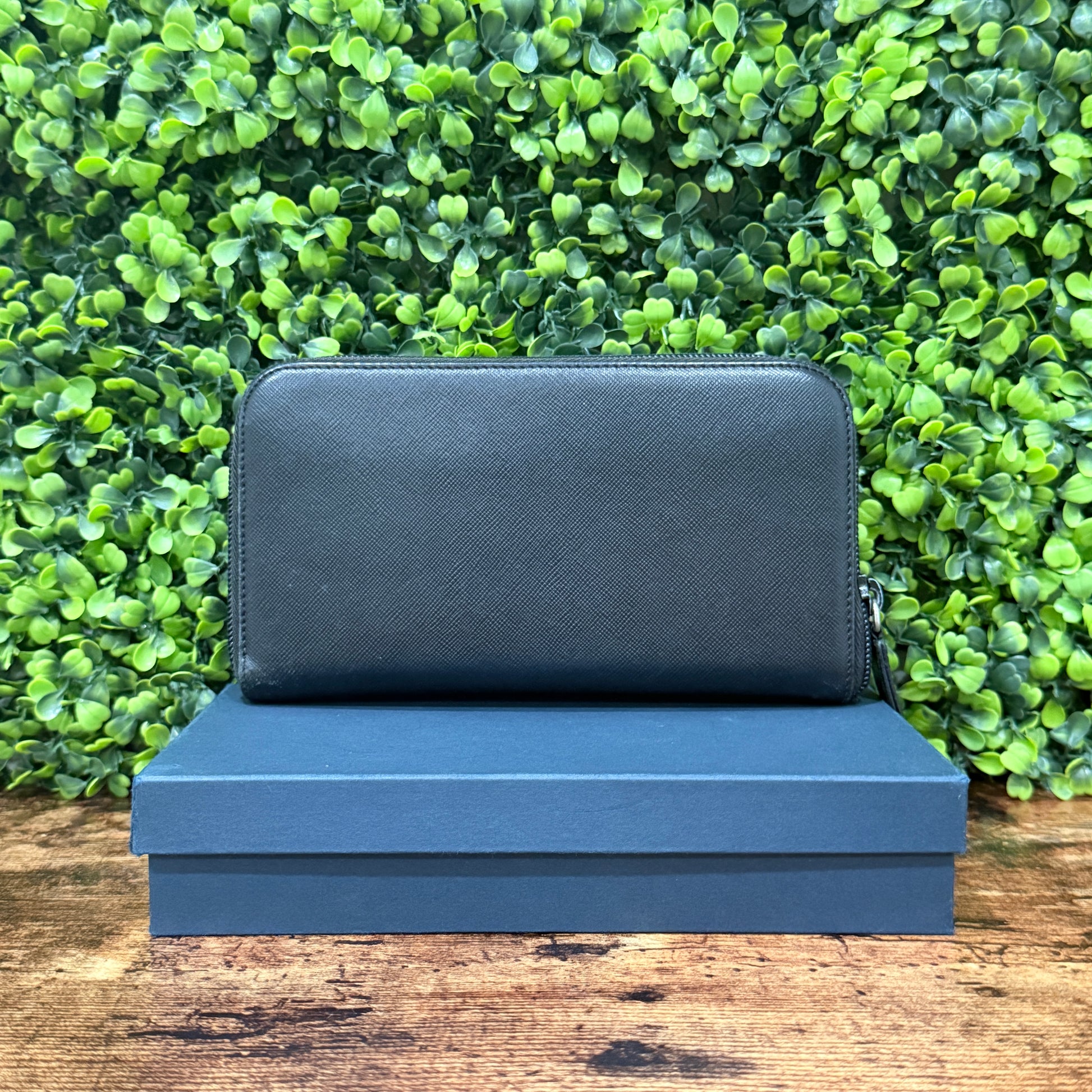 Prada Black Saffiano Zip Around Leather Wallet