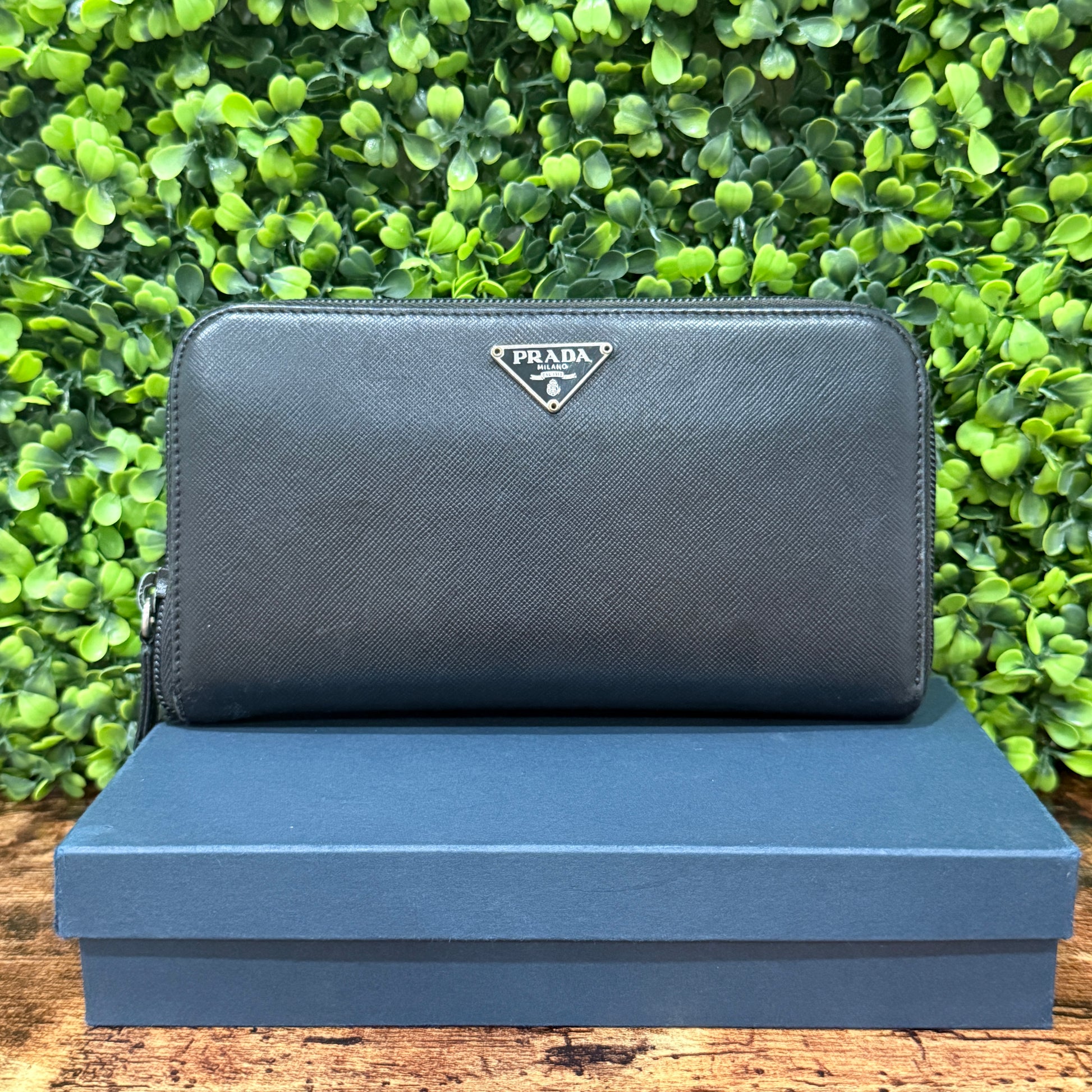 Prada Black Saffiano Zip Around Leather Wallet