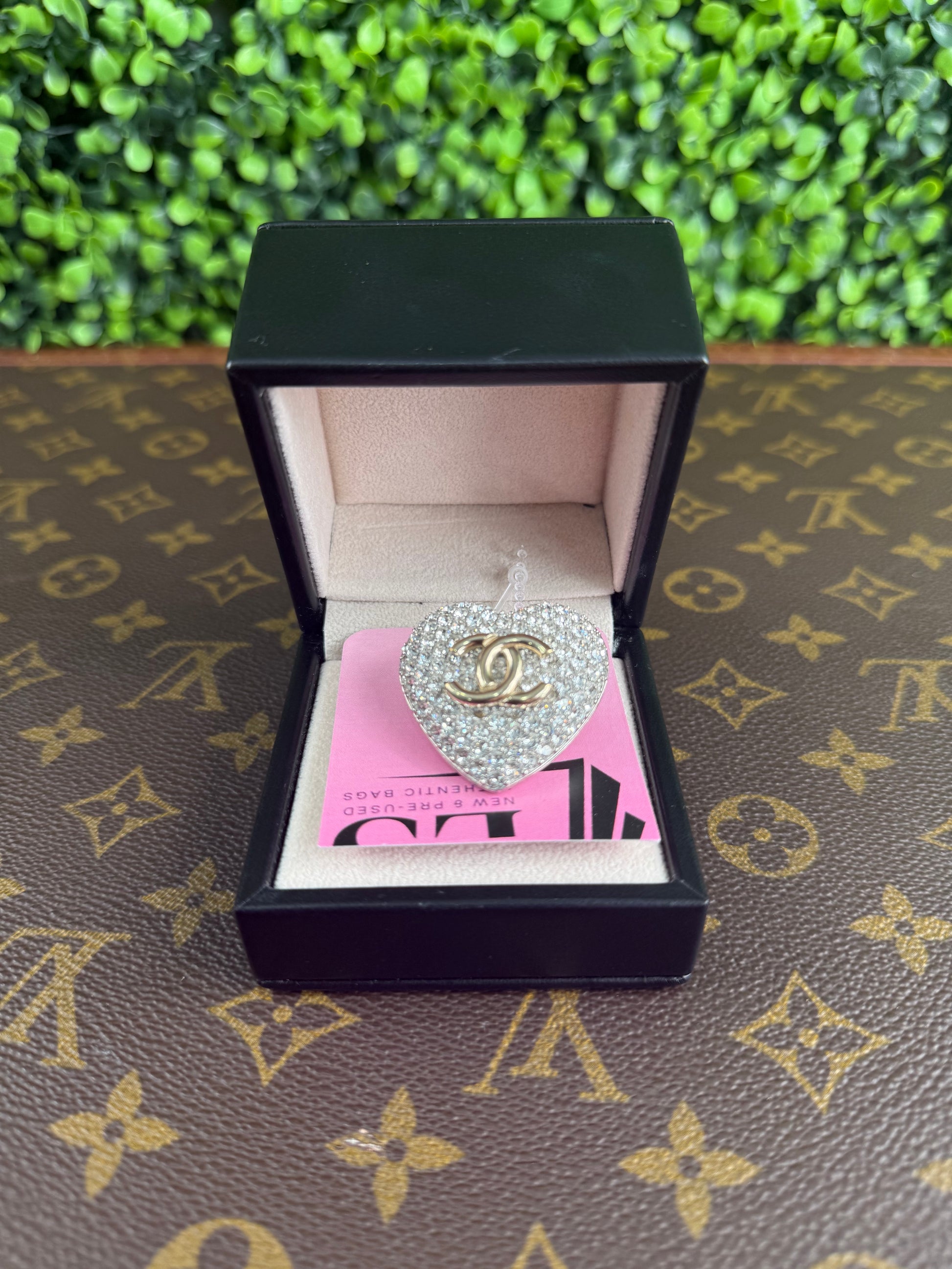 Chanel Heart Rhinestone Brooch Interlocking CC Logo