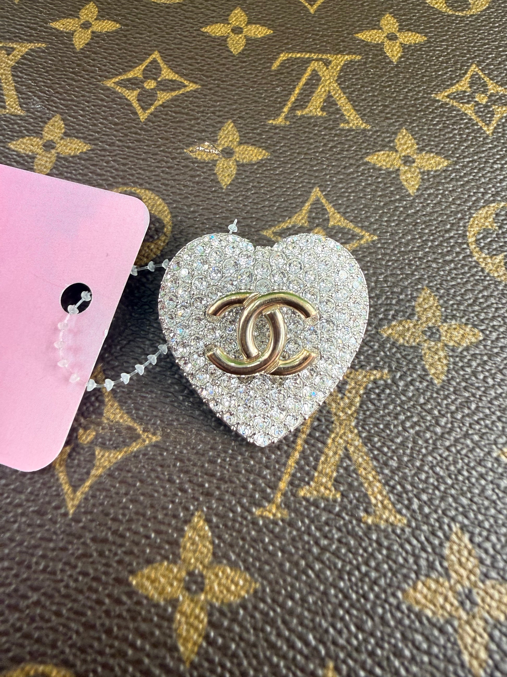 Chanel Heart Rhinestone Brooch Interlocking CC Logo