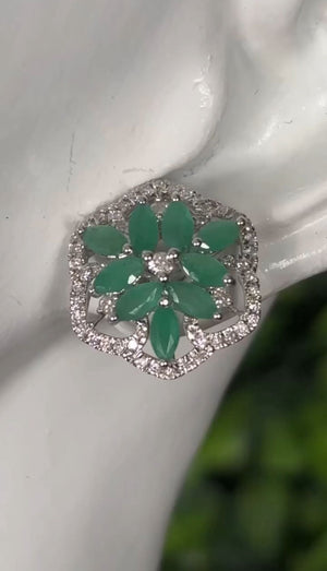 Earrings White Gold 18K w/Diamonds & Emeralds Flower Style