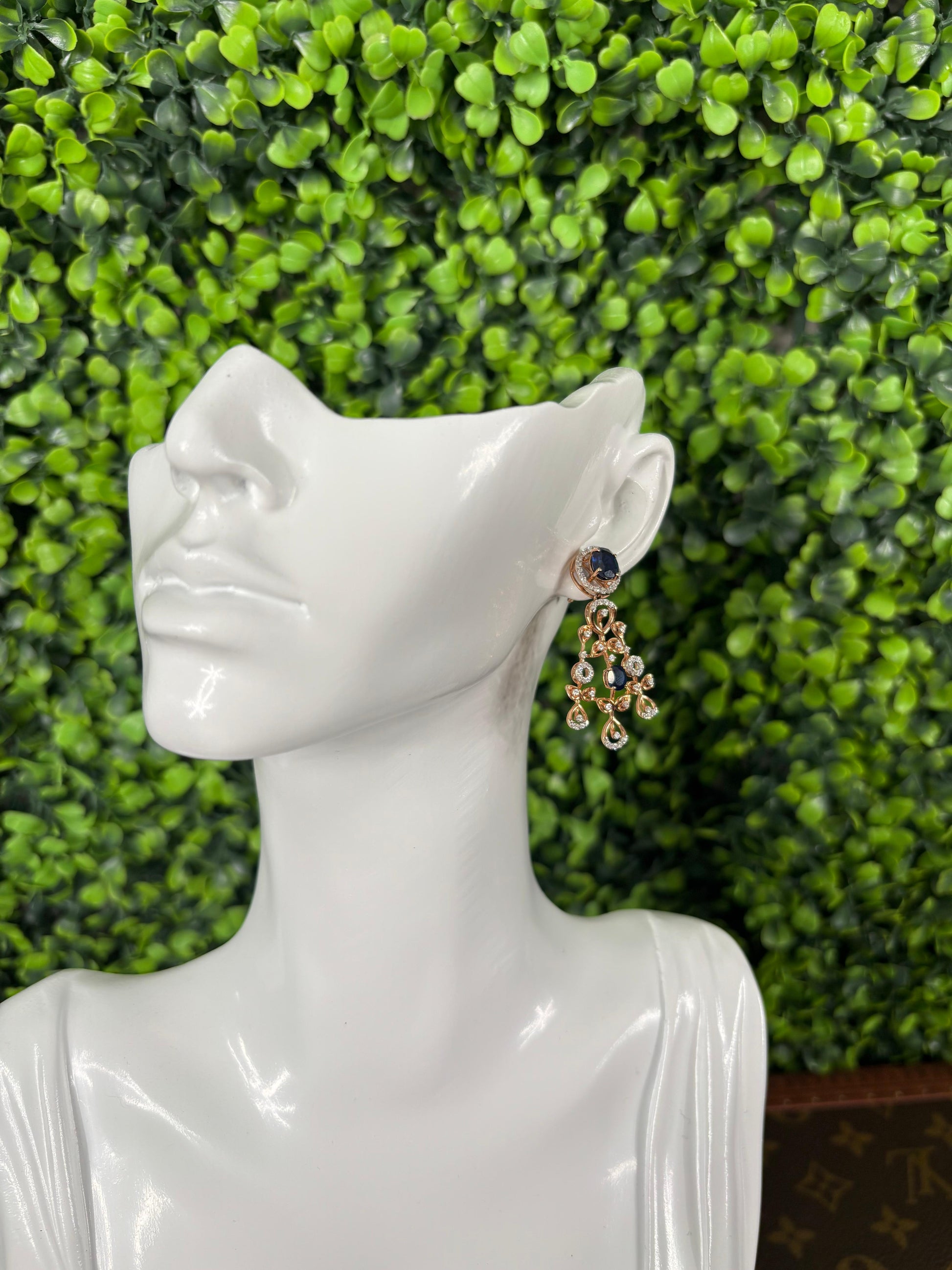 Earrings Yellow Gold 18k w/Diamonds & Blue Sapphires Chandelier Style