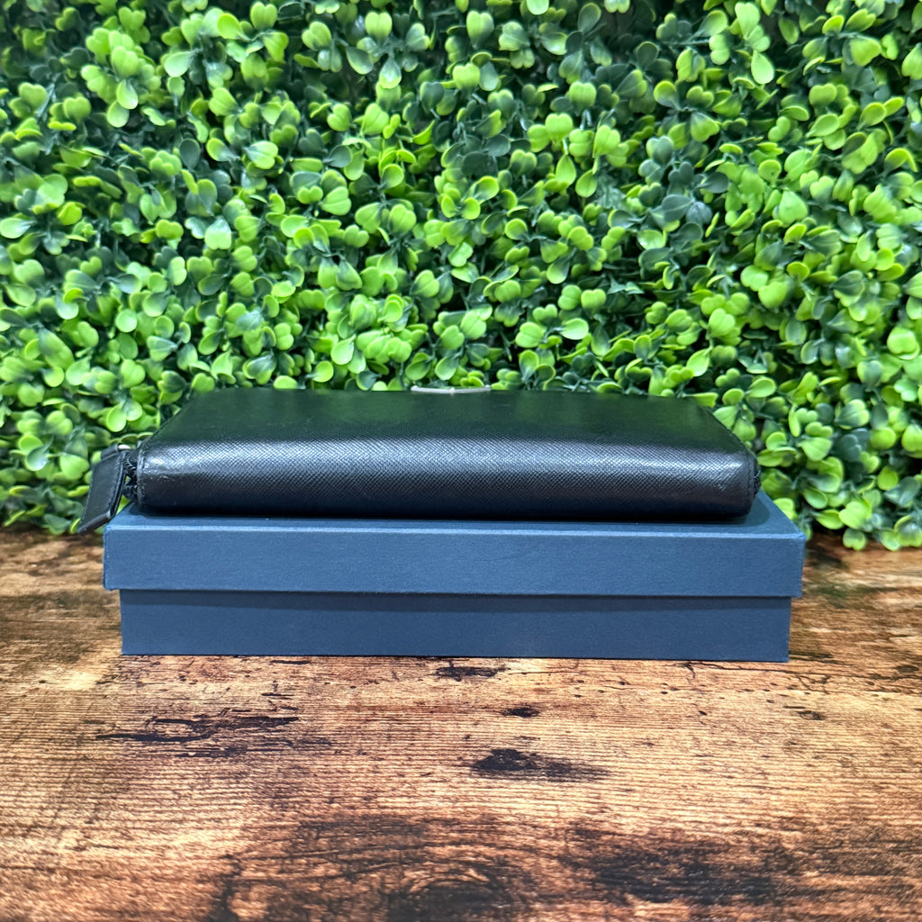Prada Black Saffiano Zip Around Leather Wallet