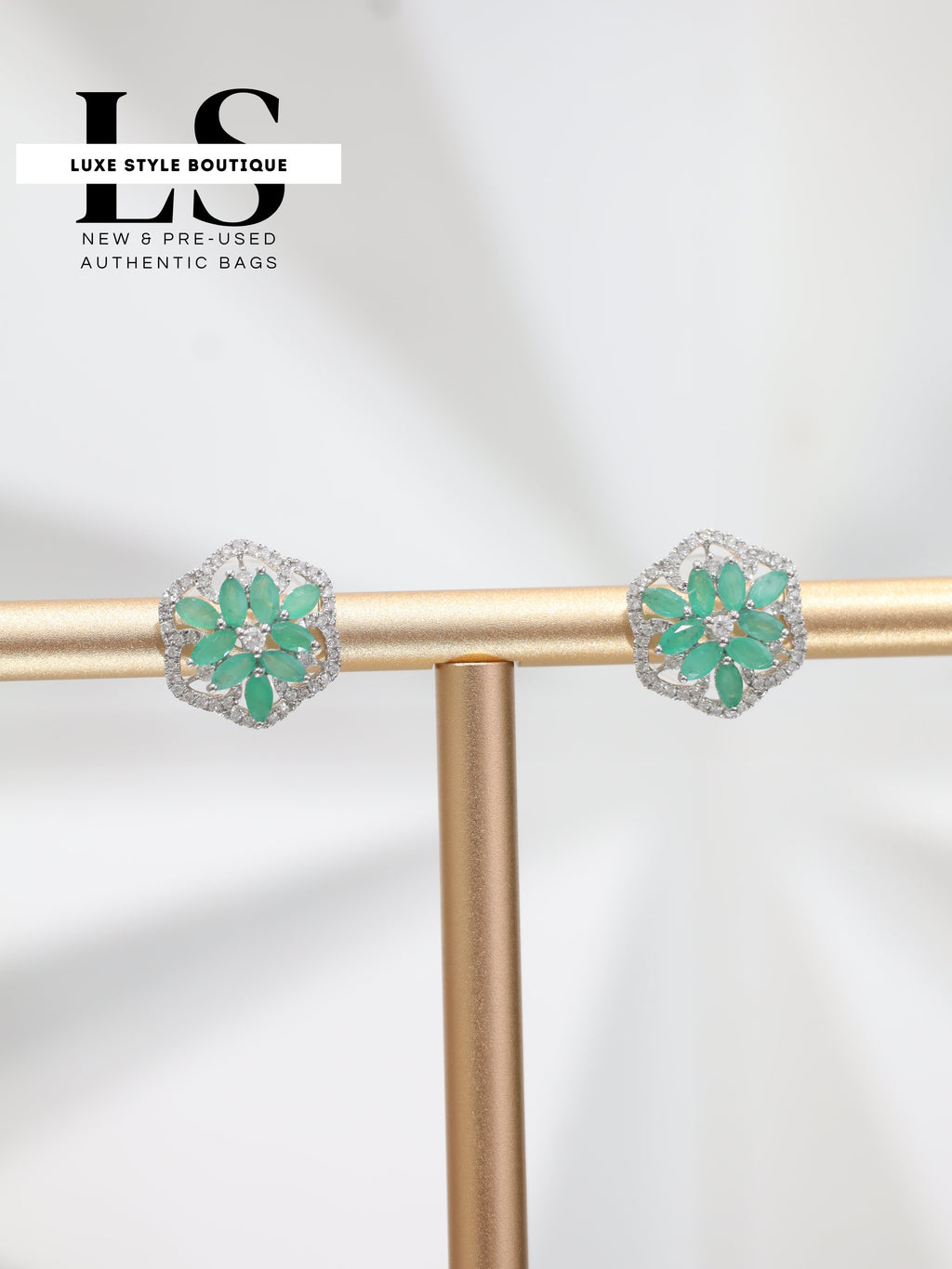 Earrings White Gold 18K w/Diamonds & Emeralds Flower Style