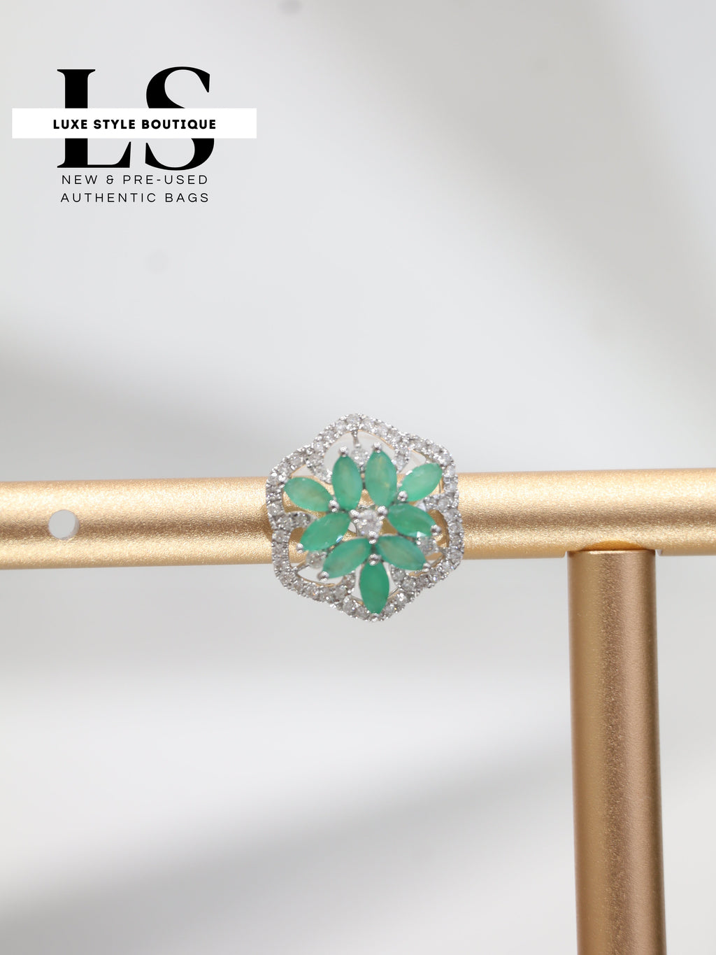 Earrings White Gold 18K w/Diamonds & Emeralds Flower Style