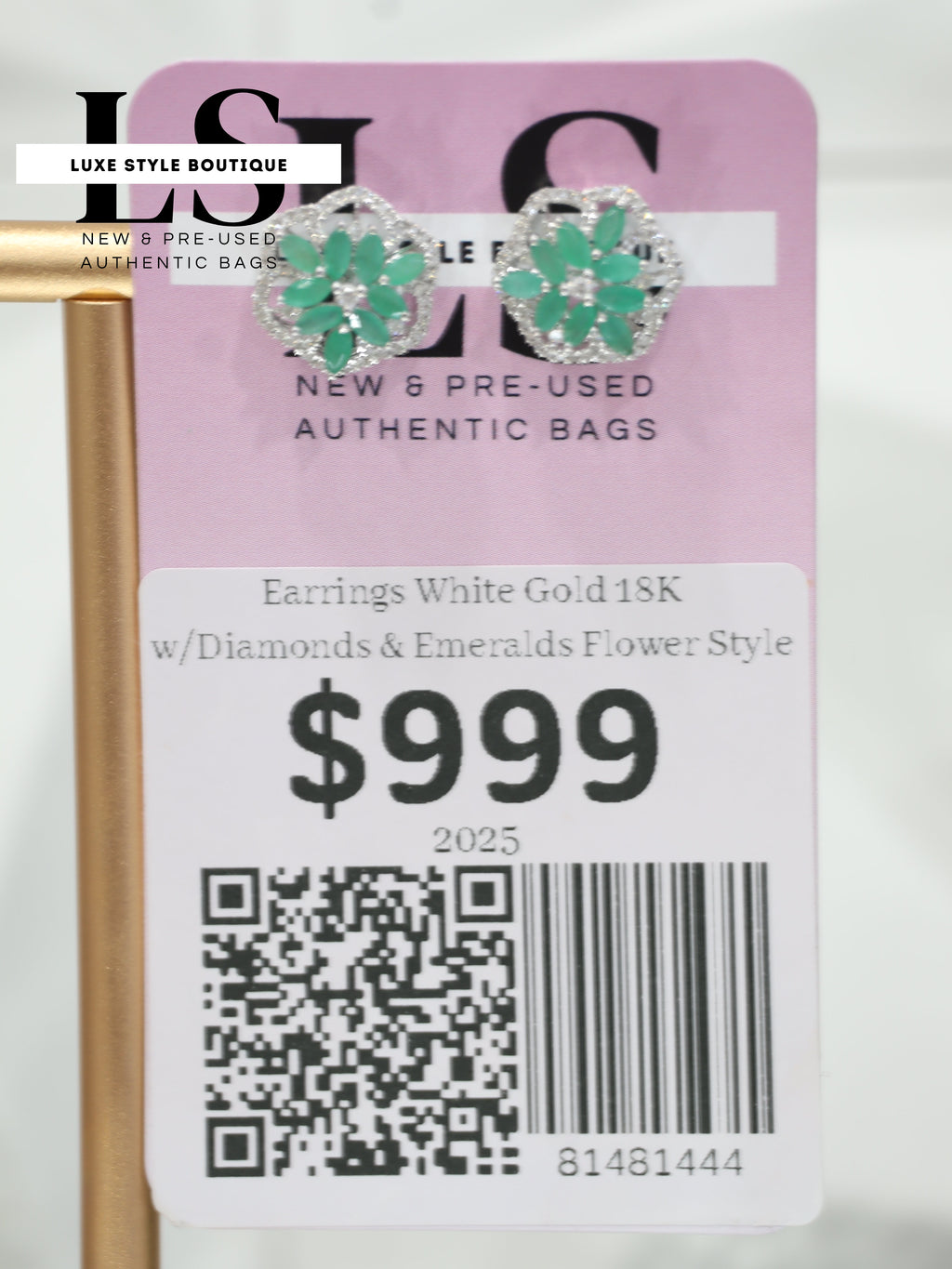 Earrings White Gold 18K w/Diamonds & Emeralds Flower Style