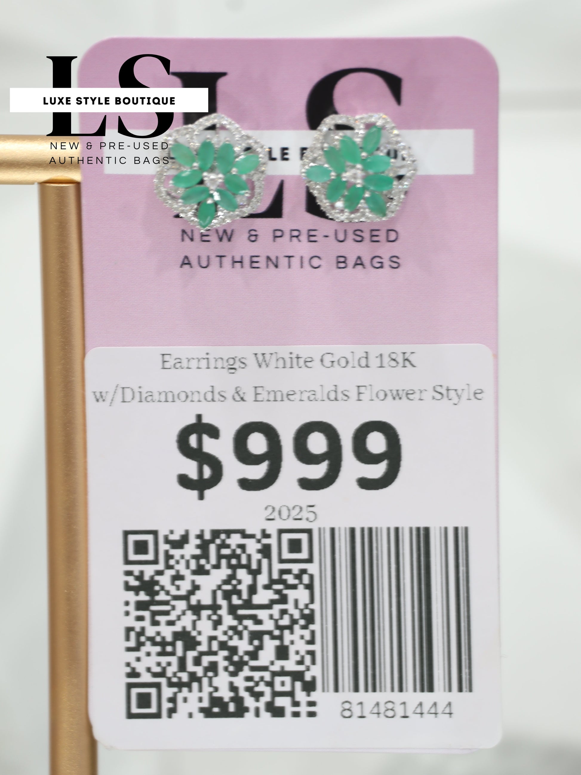 Earrings White Gold 18K w/Diamonds & Emeralds Flower Style