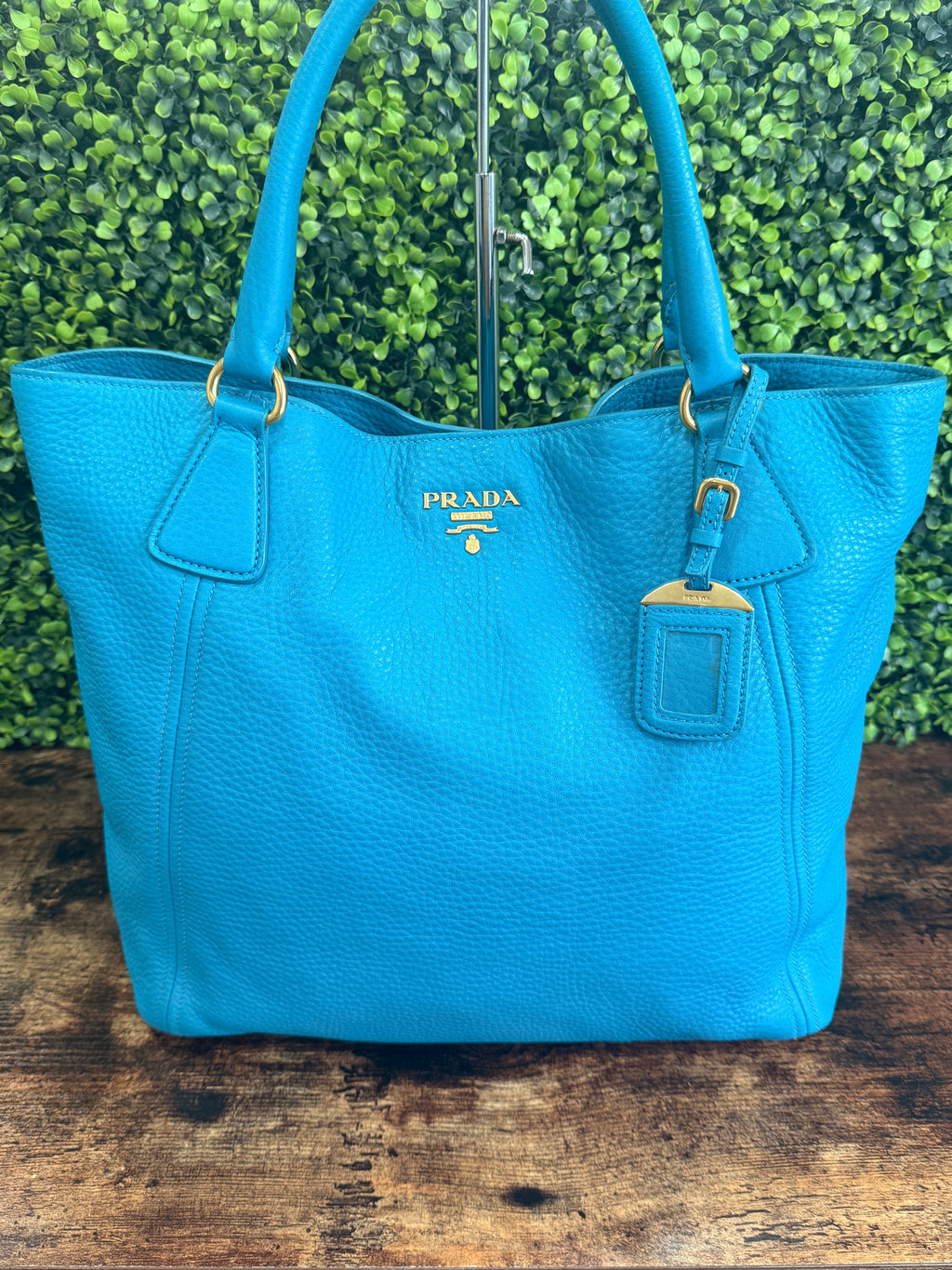 Prada Vitello Daino Side Pocket Tote Blue
