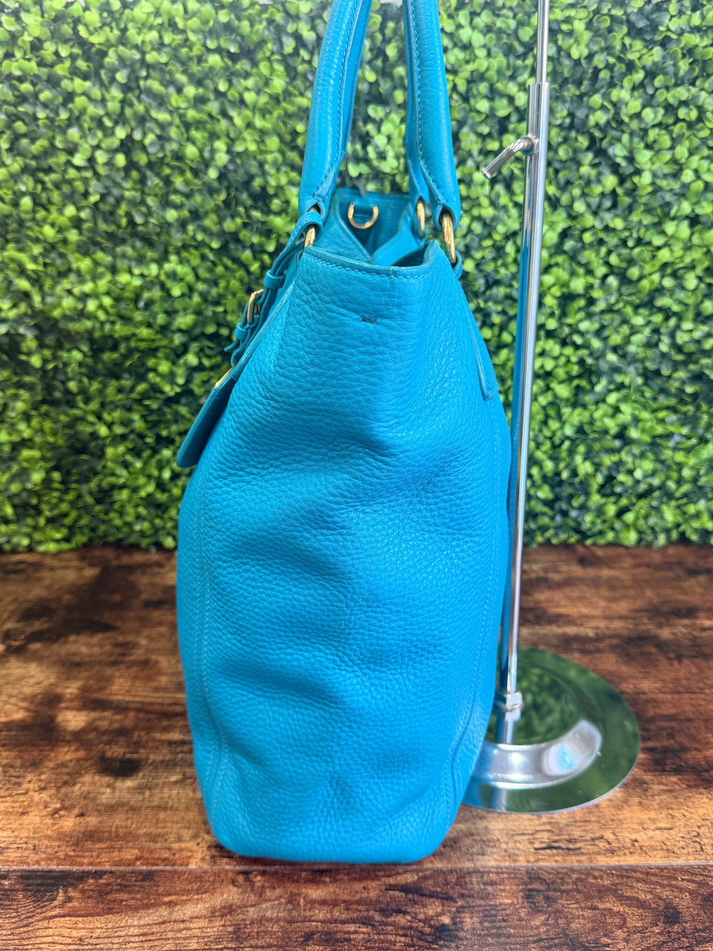 Prada Vitello Daino Side Pocket Tote Blue