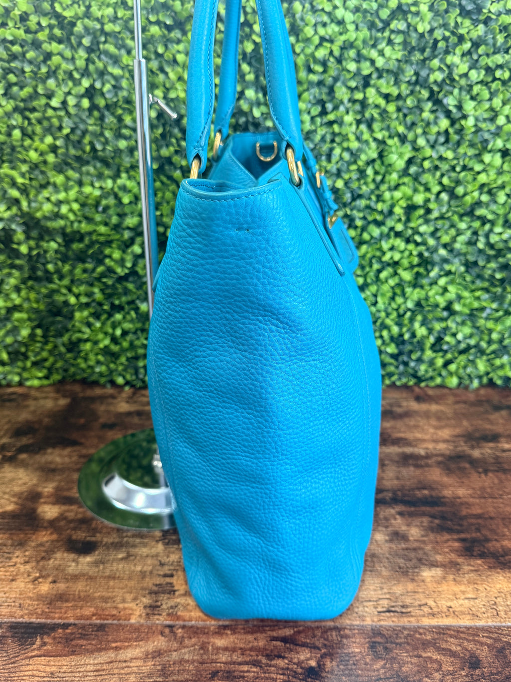 Prada Vitello Daino Side Pocket Tote Blue