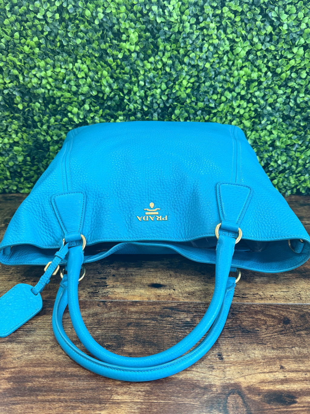 Prada Vitello Daino Side Pocket Tote Blue