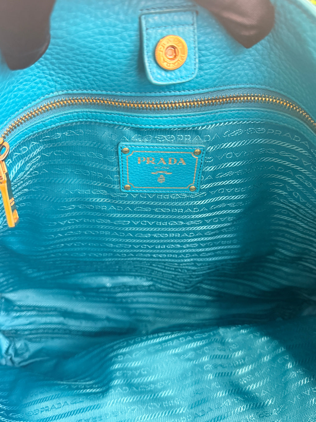 Prada Vitello Daino Side Pocket Tote Blue