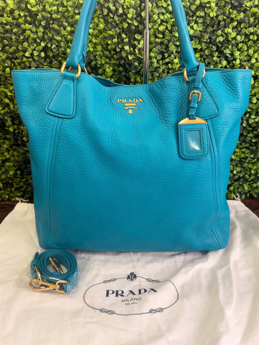 Prada Vitello Daino Side Pocket Tote Blue