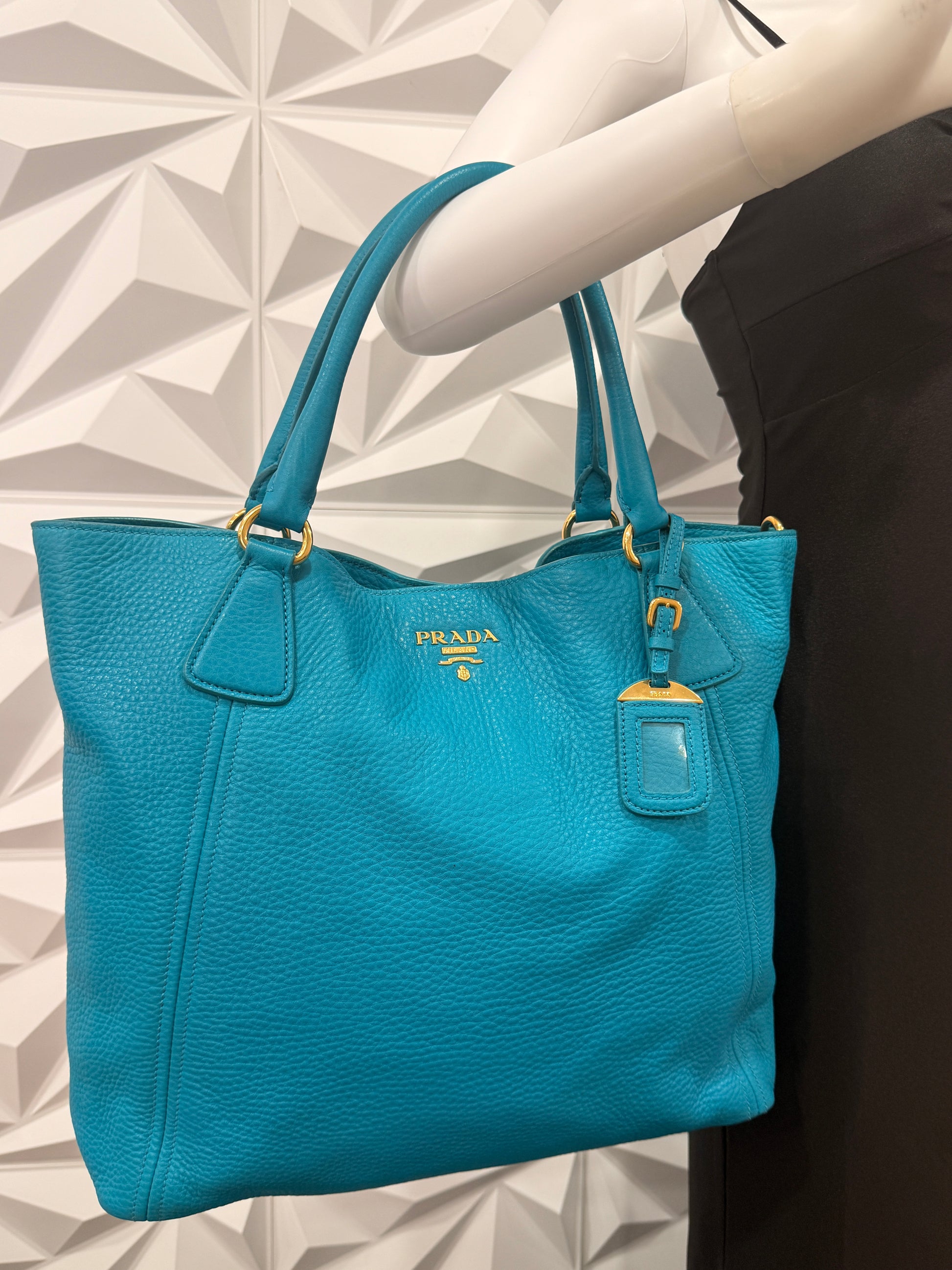 Prada Vitello Daino Side Pocket Tote Blue