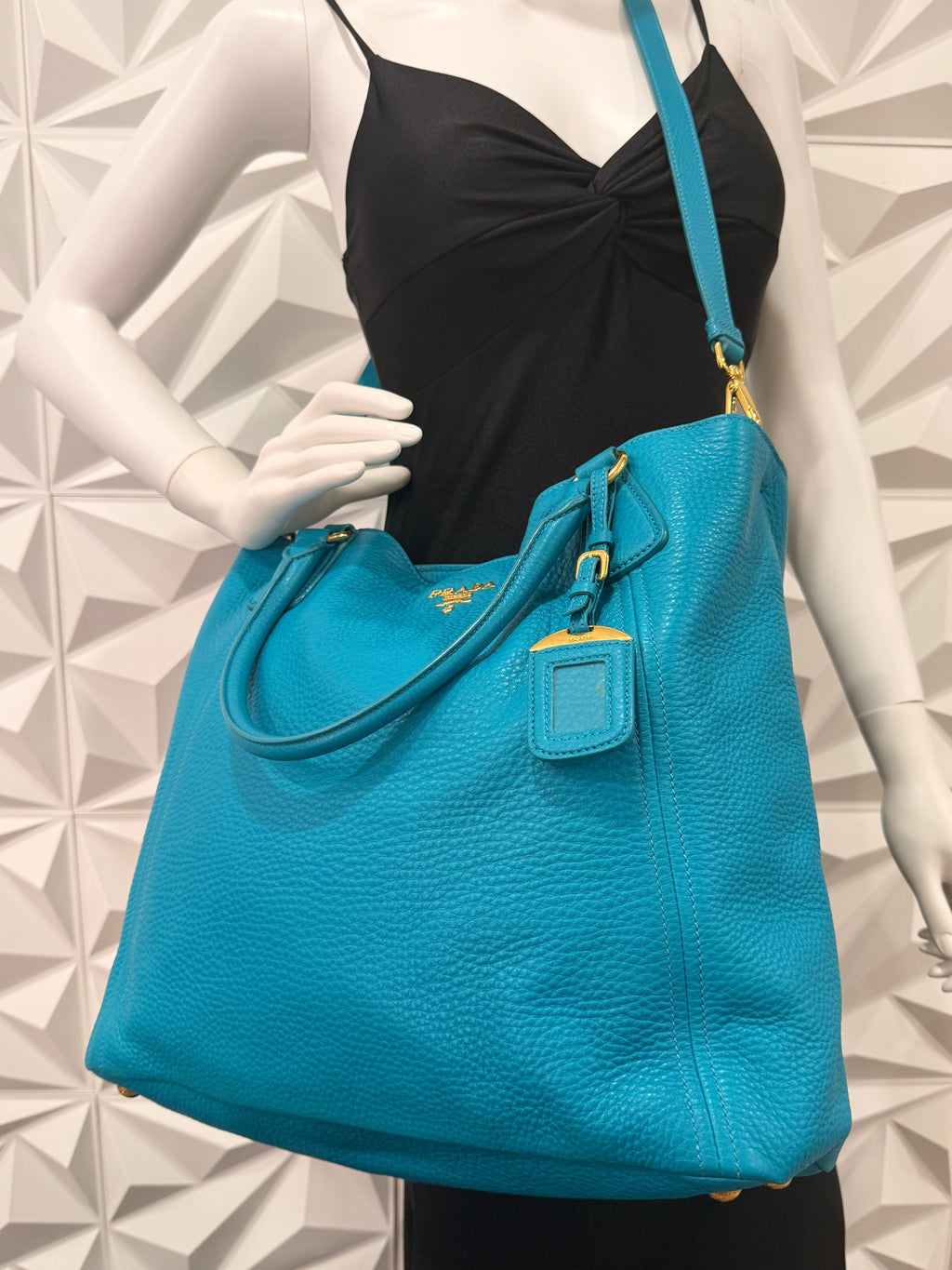 Prada Vitello Daino Side Pocket Tote Blue