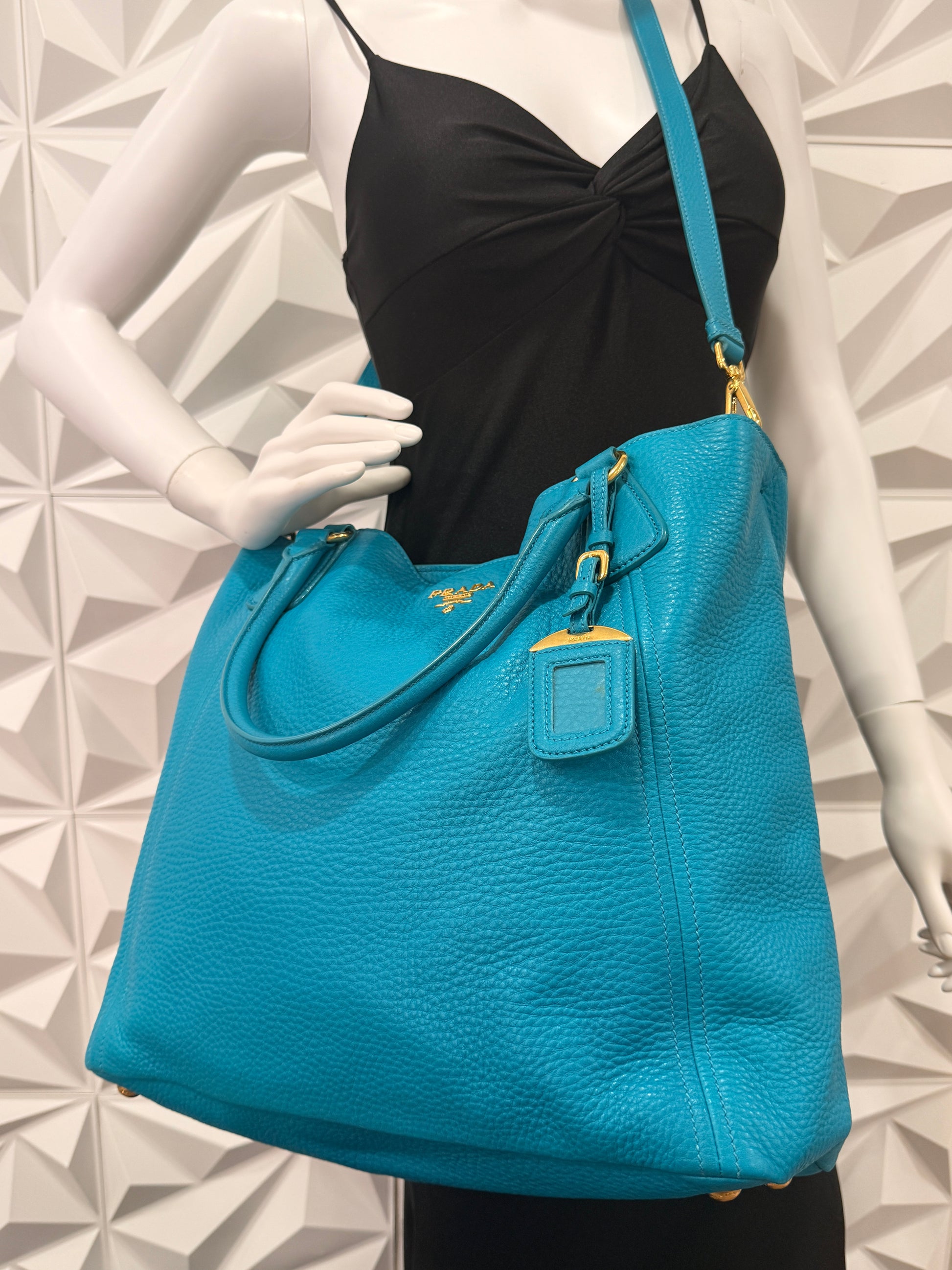 Prada Vitello Daino Side Pocket Tote Blue